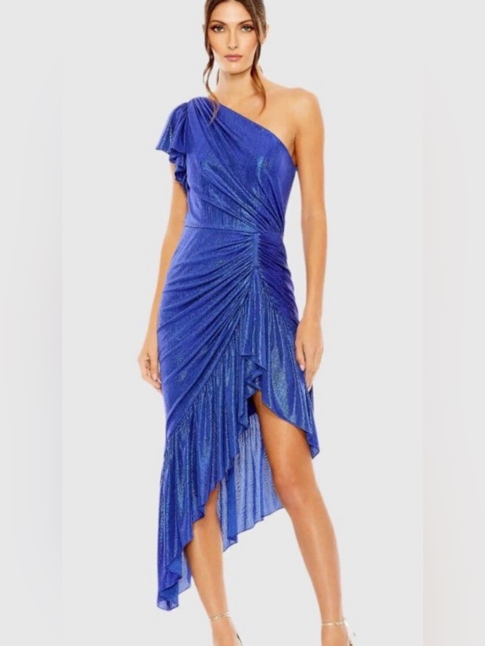 Mac Duggal Electric Blue One-Shoulder Asymmetric Ruched Dress